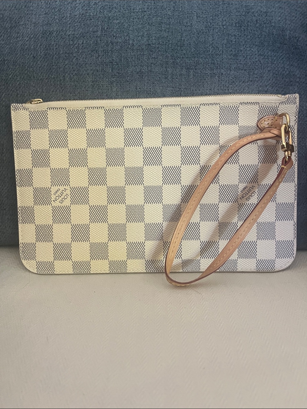 Louis Vuitton Damier Azur Canvas Wristlet in White and Beige